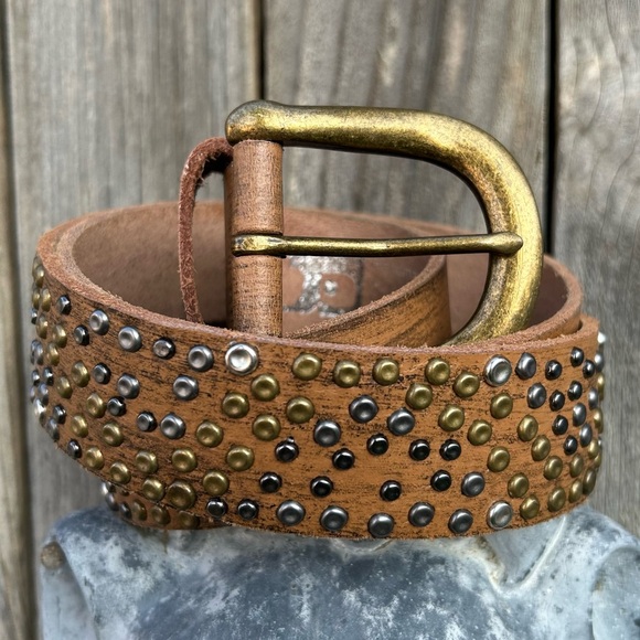 Joe’s Jeans Studded Leather Belt Tan Gold Silver Studs L - Picture 3 of 16